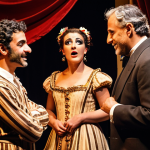 A lively Italian theater ensemble backstage, actors in various stages of costume and makeup, illuminated by warm lighting, conveying a sense of camaraderie and anticipation before a performance. Focus on capturing the authentic expressions and diverse personalities of the performers.