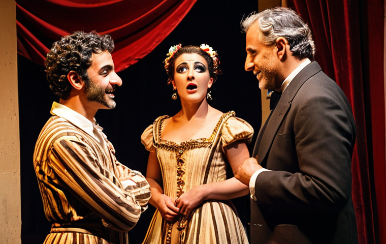 A lively Italian theater ensemble backstage, actors in various stages of costume and makeup, illuminated by warm lighting, conveying a sense of camaraderie and anticipation before a performance. Focus on capturing the authentic expressions and diverse personalities of the performers.