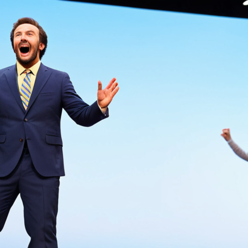 **
"A comedic actor on a brightly lit stage, mid-performance, fully clothed in a slightly exaggerated costume (perhaps a slightly too-large suit or brightly colored outfit), gesticulating wildly with well-formed hands, perfect anatomy, natural proportions. The background features a simple stage set, with audience members blurred in the distance. Focus on a dynamic, funny pose. Safe for work, appropriate content, family-friendly, professional stage photography, high quality, modest attire."
**