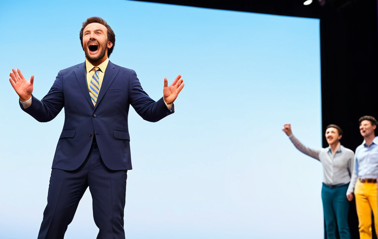 **

"A comedic actor on a brightly lit stage, mid-performance, fully clothed in a slightly exaggerated costume (perhaps a slightly too-large suit or brightly colored outfit), gesticulating wildly with well-formed hands, perfect anatomy, natural proportions. The background features a simple stage set, with audience members blurred in the distance. Focus on a dynamic, funny pose. Safe for work, appropriate content, family-friendly, professional stage photography, high quality, modest attire."

**