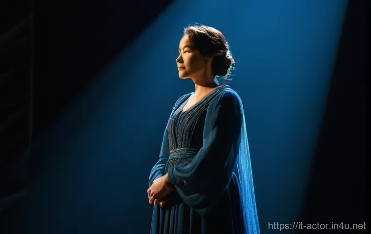 연극배우의 호흡 훈련 - **Prompt:** A female actor, approximately 30-35 years old, stands center-stage on a dimly lit theatr...