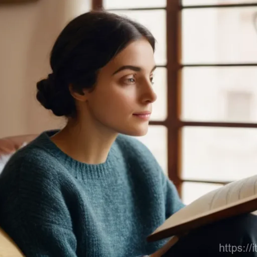 연극배우의 희곡 분석 과정 - A young adult Italian actress (mid-20s to early 30s) sitting comfortably in a well-lit, cozy study o...