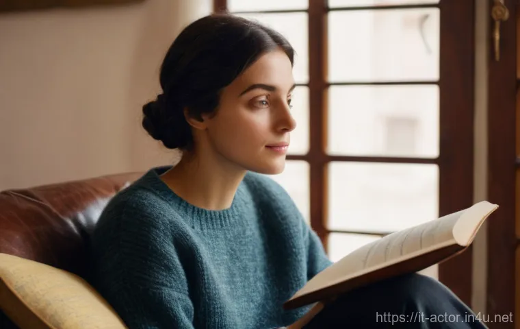 연극배우의 희곡 분석 과정 - A young adult Italian actress (mid-20s to early 30s) sitting comfortably in a well-lit, cozy study o...