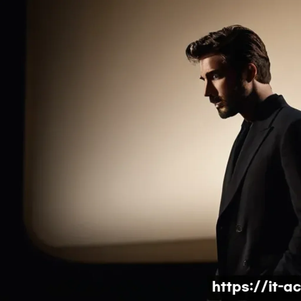 연극배우의 조명 이해 - **Prompt:** A male actor, mid-performance on a darkly lit stage, stands with an intense, contemplati...