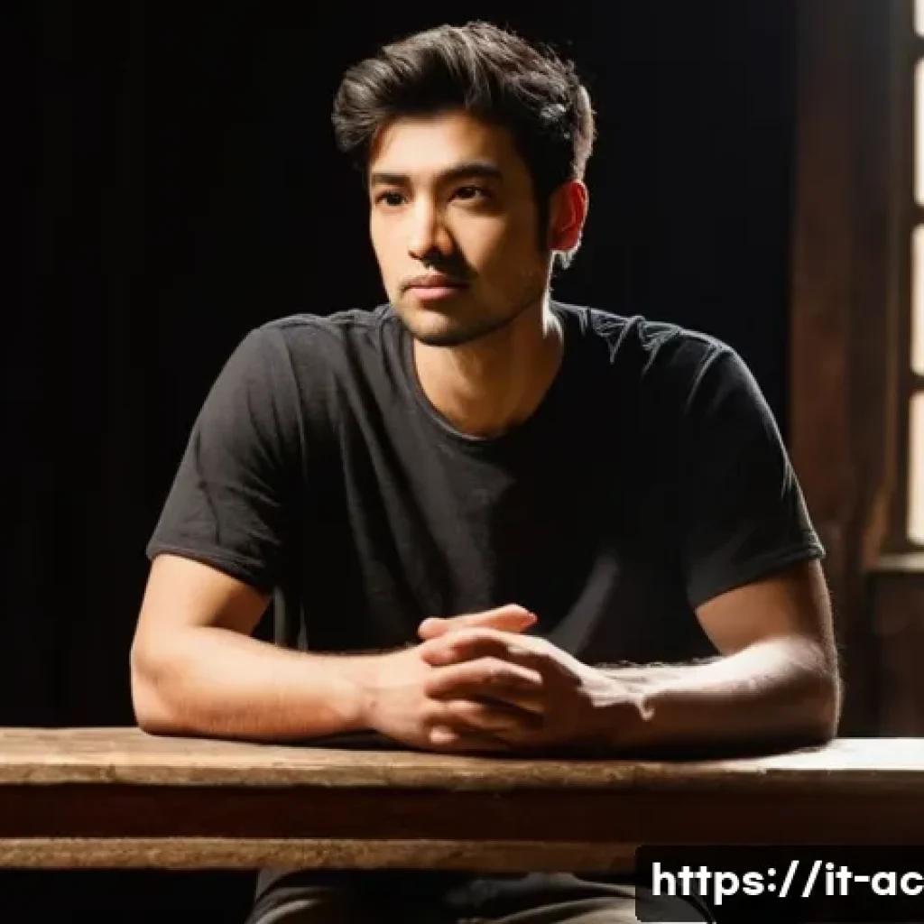연극배우의 드라마틱 연기 연습 - **Prompt:** A diverse male actor, late 20s, in a focused, contemplative pose, sitting on a wooden st...