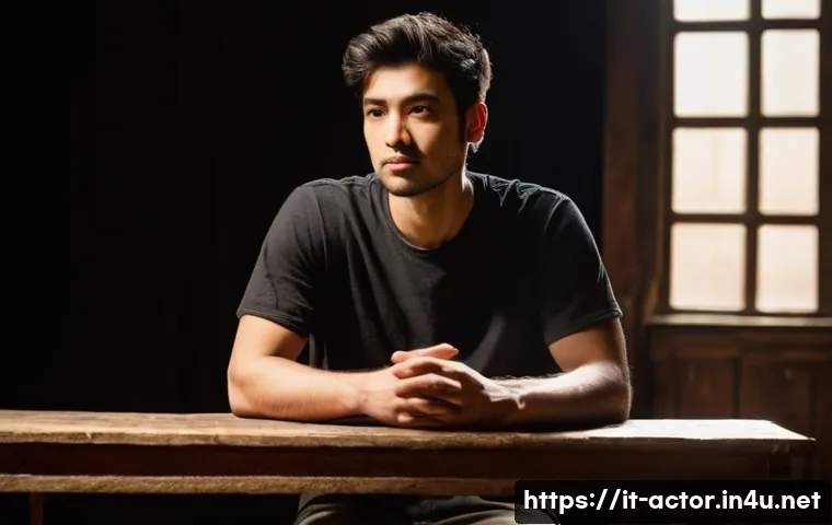 연극배우의 드라마틱 연기 연습 - **Prompt:** A diverse male actor, late 20s, in a focused, contemplative pose, sitting on a wooden st...
