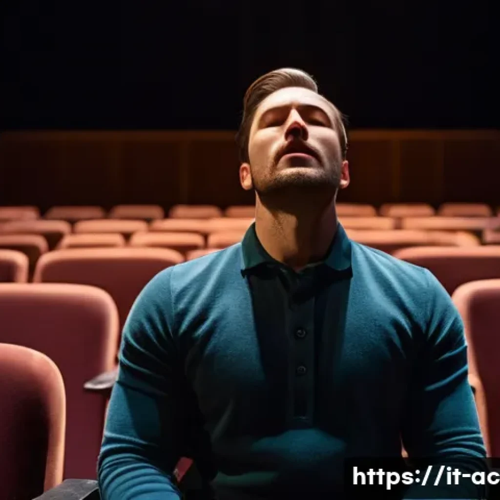 연극배우의 감정 표현 심화 과정 - A focused actor practicing deep diaphragmatic breathing on an empty theater stage, wearing comfortab...