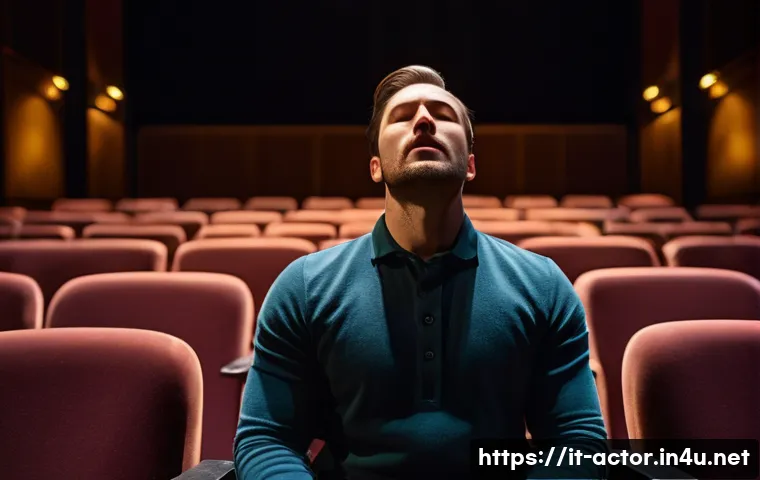 연극배우의 감정 표현 심화 과정 - A focused actor practicing deep diaphragmatic breathing on an empty theater stage, wearing comfortab...