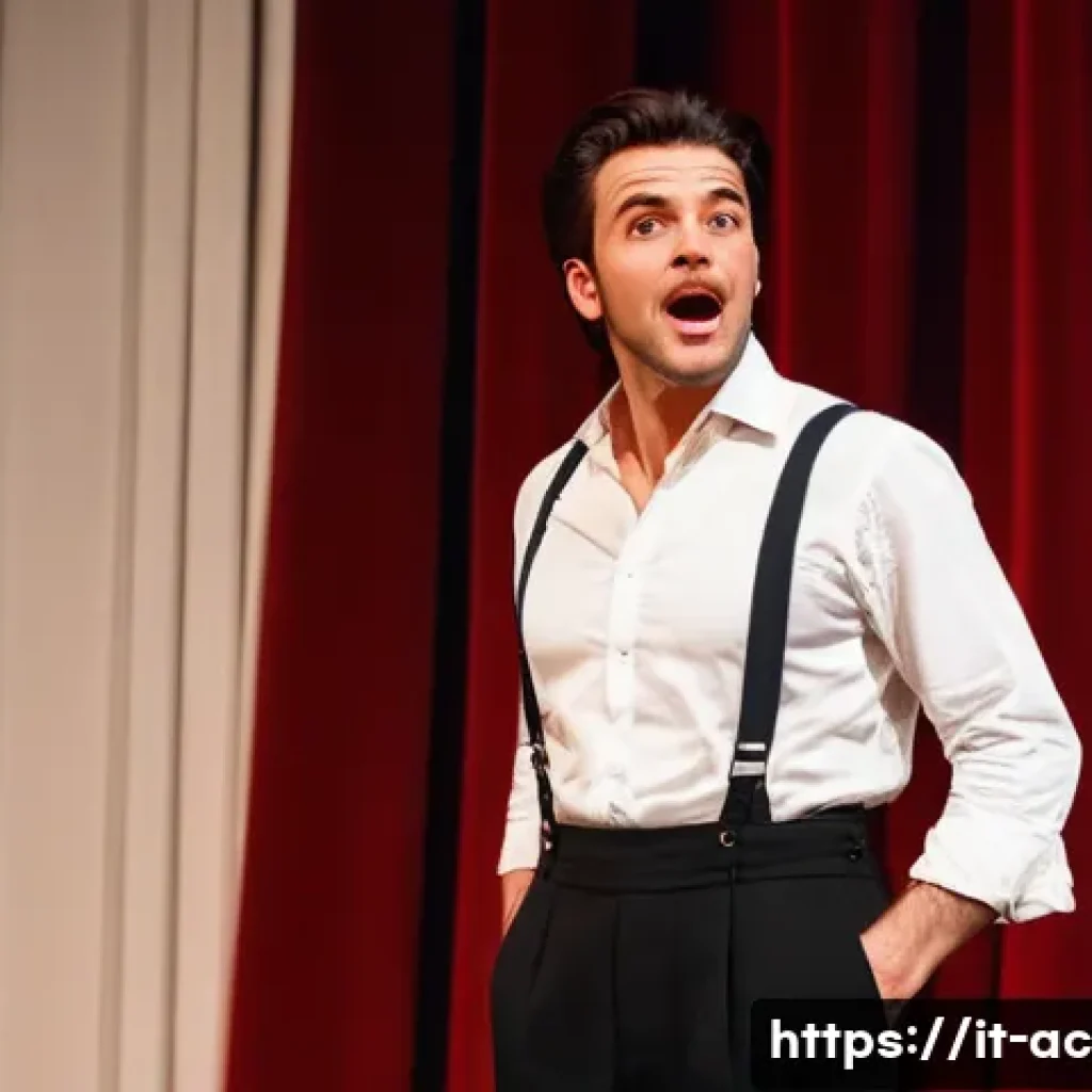 연극배우로서의 평판 관리 - A professional Italian stage actor in a classic theater setting, wearing elegant dark trousers and a...