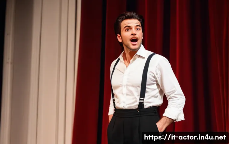 연극배우로서의 평판 관리 - A professional Italian stage actor in a classic theater setting, wearing elegant dark trousers and a...