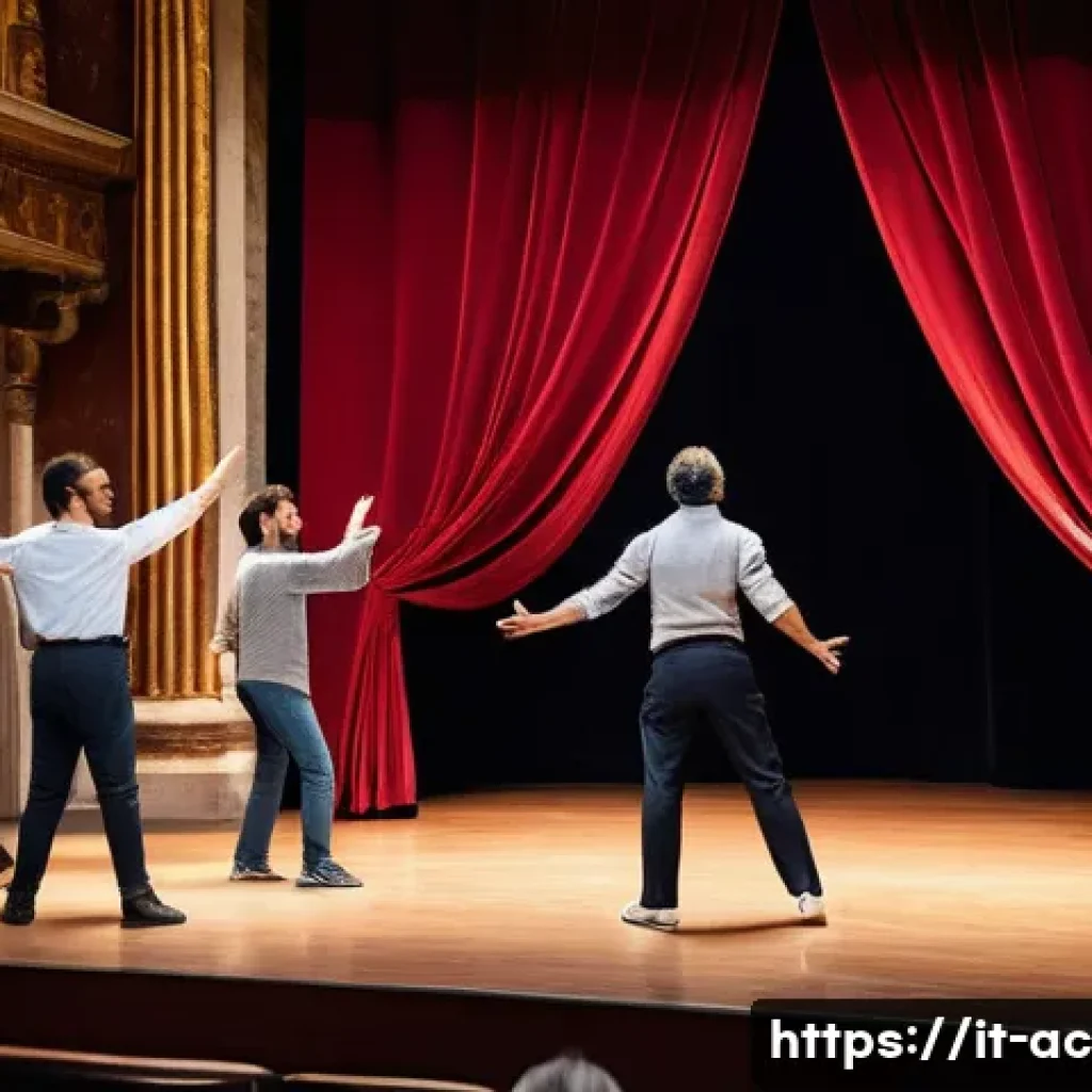 연극배우의 공연 리허설 준비 - A detailed scene of a diverse group of Italian actors rehearsing on a traditional theater stage in R...
