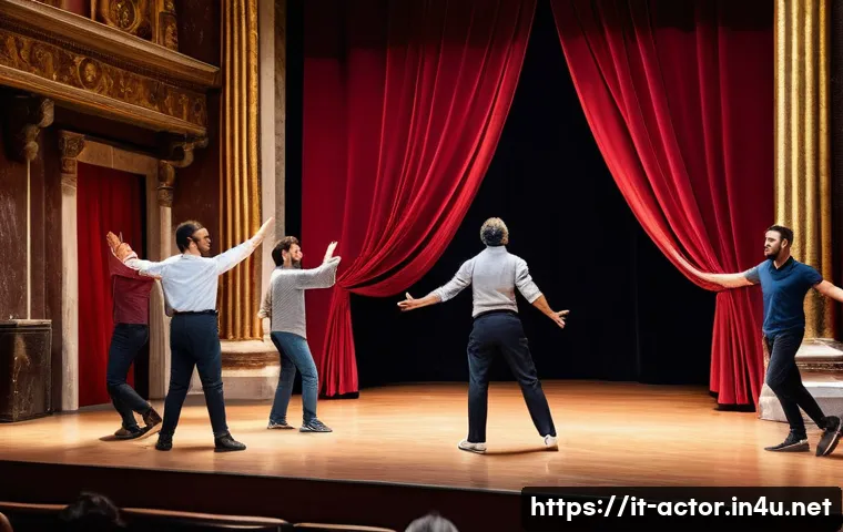 연극배우의 공연 리허설 준비 - A detailed scene of a diverse group of Italian actors rehearsing on a traditional theater stage in R...