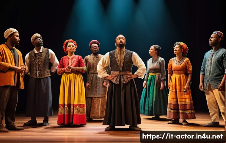 연극배우와 문화 다양성 연극 - A diverse group of multicultural actors deeply immersed in their characters on stage, wearing cultur...