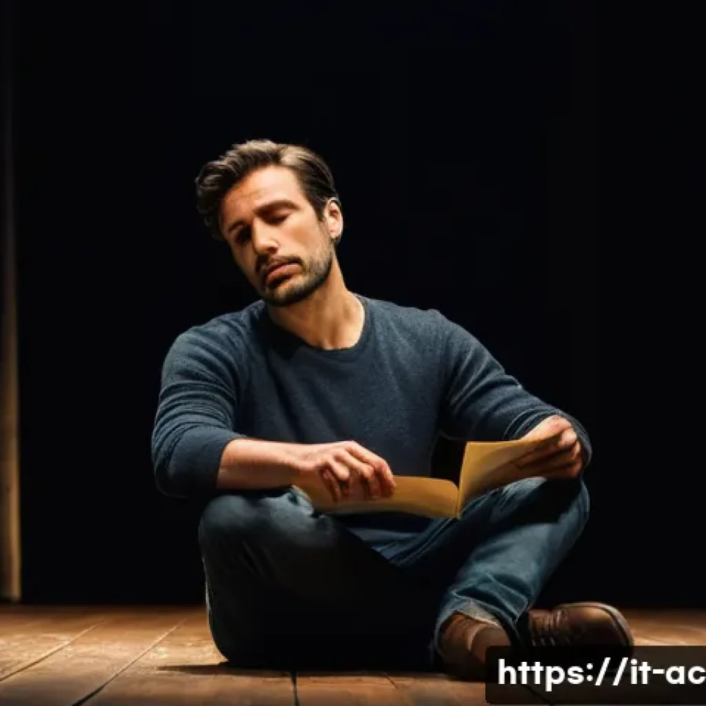 연극배우로서의 성장 과정 - A thoughtful Italian male actor in his early 30s, dressed in casual modern clothing, sitting alone o...