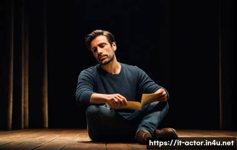 연극배우로서의 성장 과정 - A thoughtful Italian male actor in his early 30s, dressed in casual modern clothing, sitting alone o...