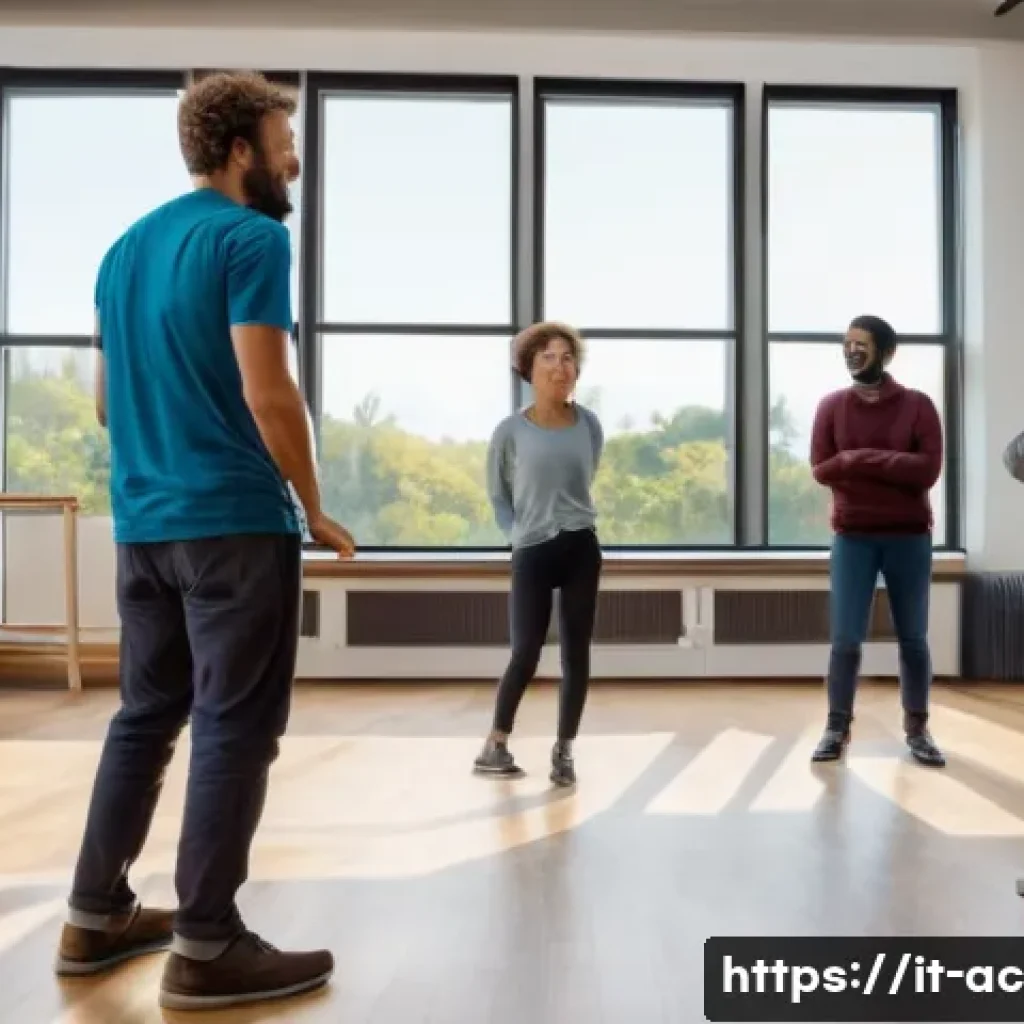 연극배우의 연기적 한계 극복법 - A dynamic theater rehearsal scene featuring a diverse group of actors in casual clothing practicing ...