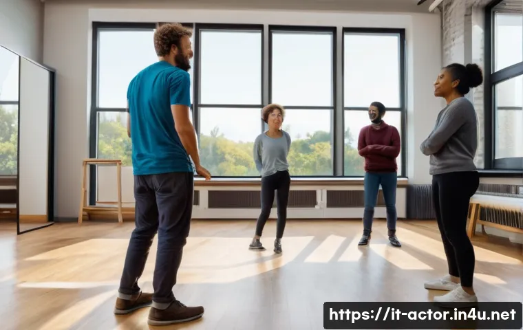 연극배우의 연기적 한계 극복법 - A dynamic theater rehearsal scene featuring a diverse group of actors in casual clothing practicing ...
