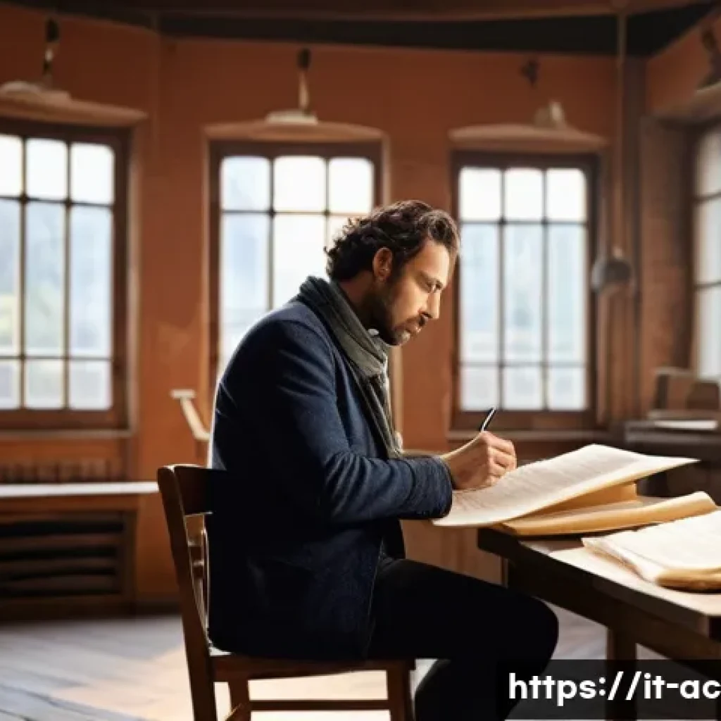 연극배우 일과 - A professional Italian theater actor in a classic rehearsal room, surrounded by scattered scripts an...