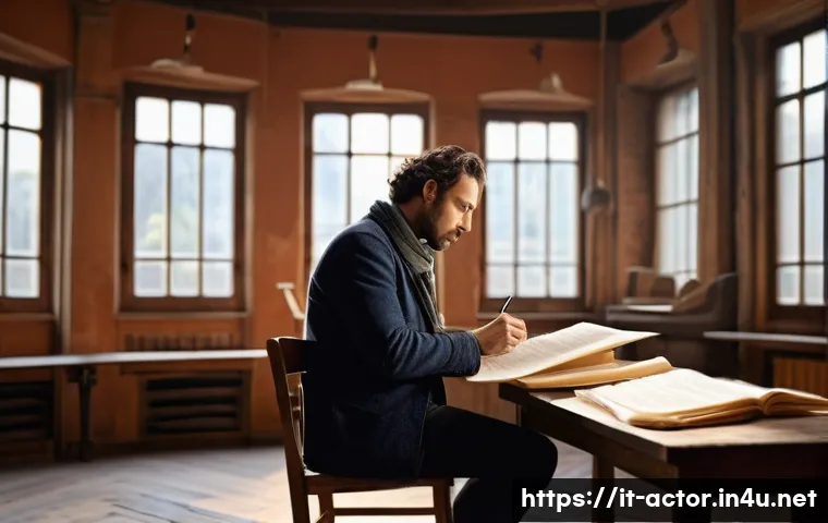 연극배우 일과 - A professional Italian theater actor in a classic rehearsal room, surrounded by scattered scripts an...