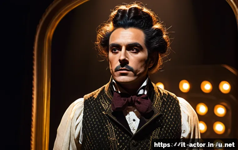 연극배우와 분장사의 협력 - A theatrical actor in a richly detailed stage makeup application scene, wearing a period costume wit...