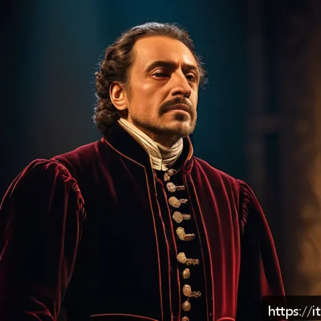 연극배우와 시대극 의상 연구 - A Renaissance actor wearing a historically accurate heavy jacket and a stiff ruffled collar, standin...