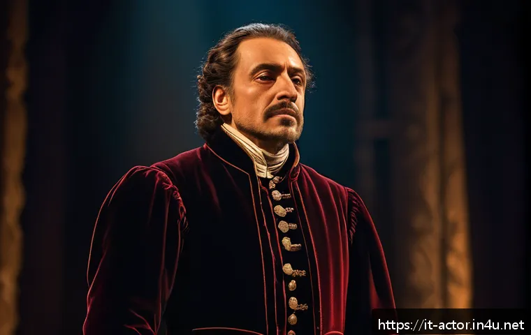 연극배우와 시대극 의상 연구 - A Renaissance actor wearing a historically accurate heavy jacket and a stiff ruffled collar, standin...