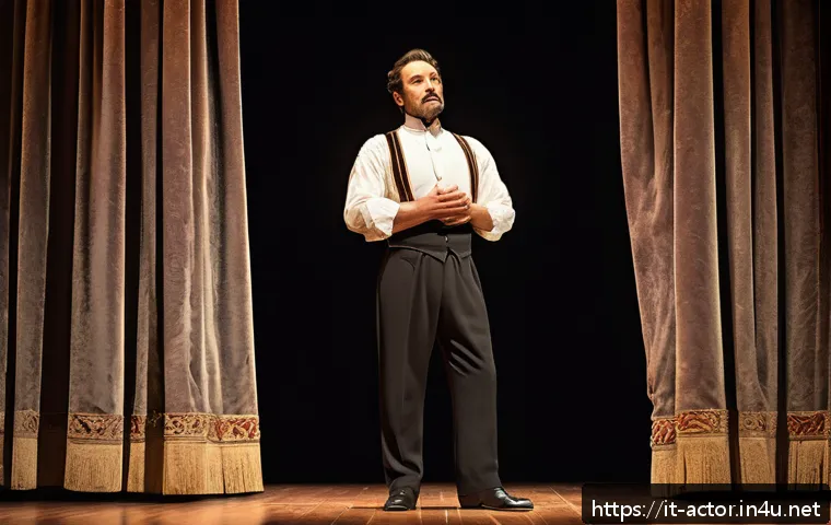 연극배우의 몸짓 언어 연구 - A professional theater actor on stage, standing confidently with open shoulders and chest out, weari...