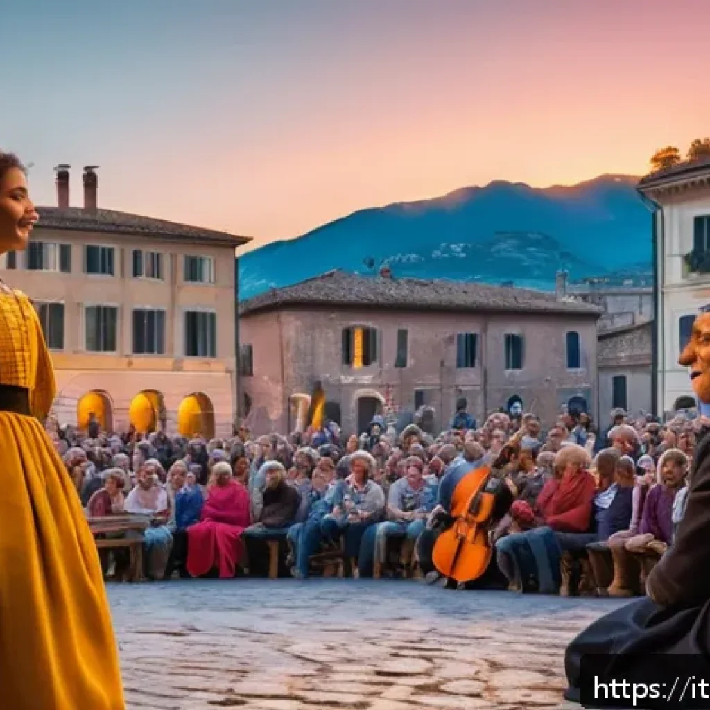 연극배우의 커뮤니티 활동 - A vibrant outdoor theater performance in an Italian piazza at sunset, featuring actors engaging dire...