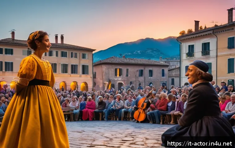 연극배우의 커뮤니티 활동 - A vibrant outdoor theater performance in an Italian piazza at sunset, featuring actors engaging dire...