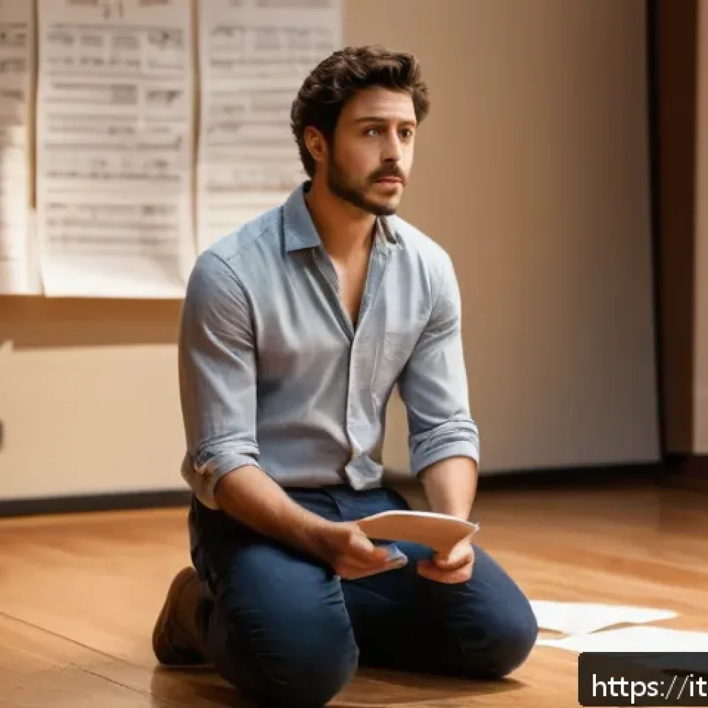 연극배우 오디션 실패 극복법 - A young Italian actor practicing a monologue alone in a cozy, warmly lit rehearsal room filled with ...