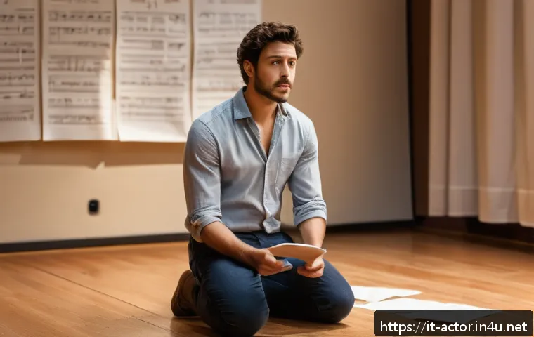 연극배우 오디션 실패 극복법 - A young Italian actor practicing a monologue alone in a cozy, warmly lit rehearsal room filled with ...