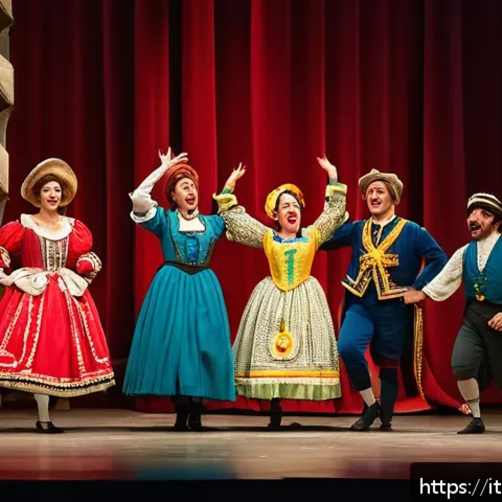 연극배우의 장르별 연기 도전 - A dynamic theater scene depicting a comedic performance on a classic Italian stage, featuring actors...