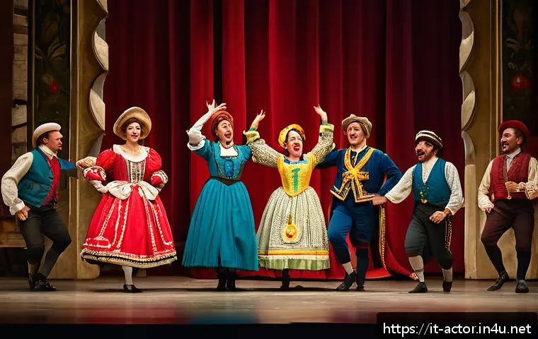 연극배우의 장르별 연기 도전 - A dynamic theater scene depicting a comedic performance on a classic Italian stage, featuring actors...