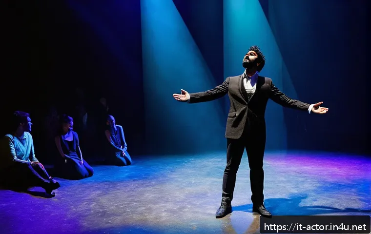 연극배우의 새로운 작품 도전 - A contemporary Italian theater scene set in a repurposed industrial space, featuring a male actor in...