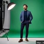 연극배우와 광고 출연 기회 - A professional theatrical actor performing in a modern advertising studio, dressed in stylish casual...