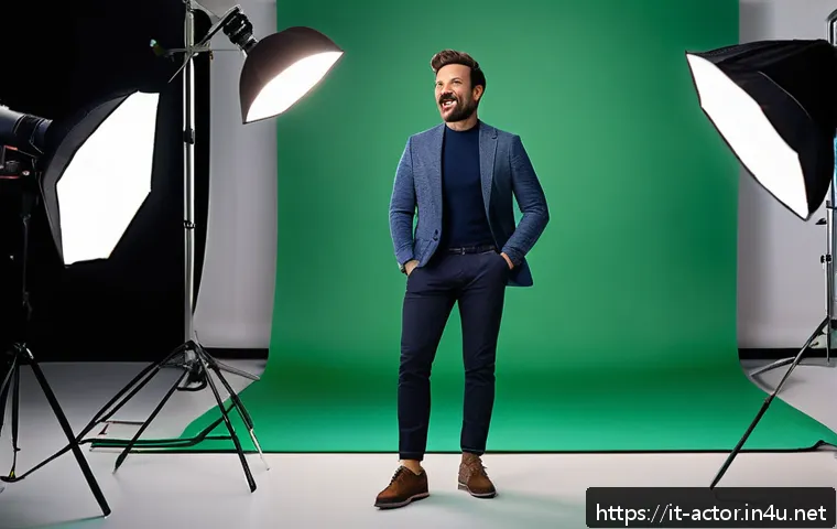 연극배우와 광고 출연 기회 - A professional theatrical actor performing in a modern advertising studio, dressed in stylish casual...