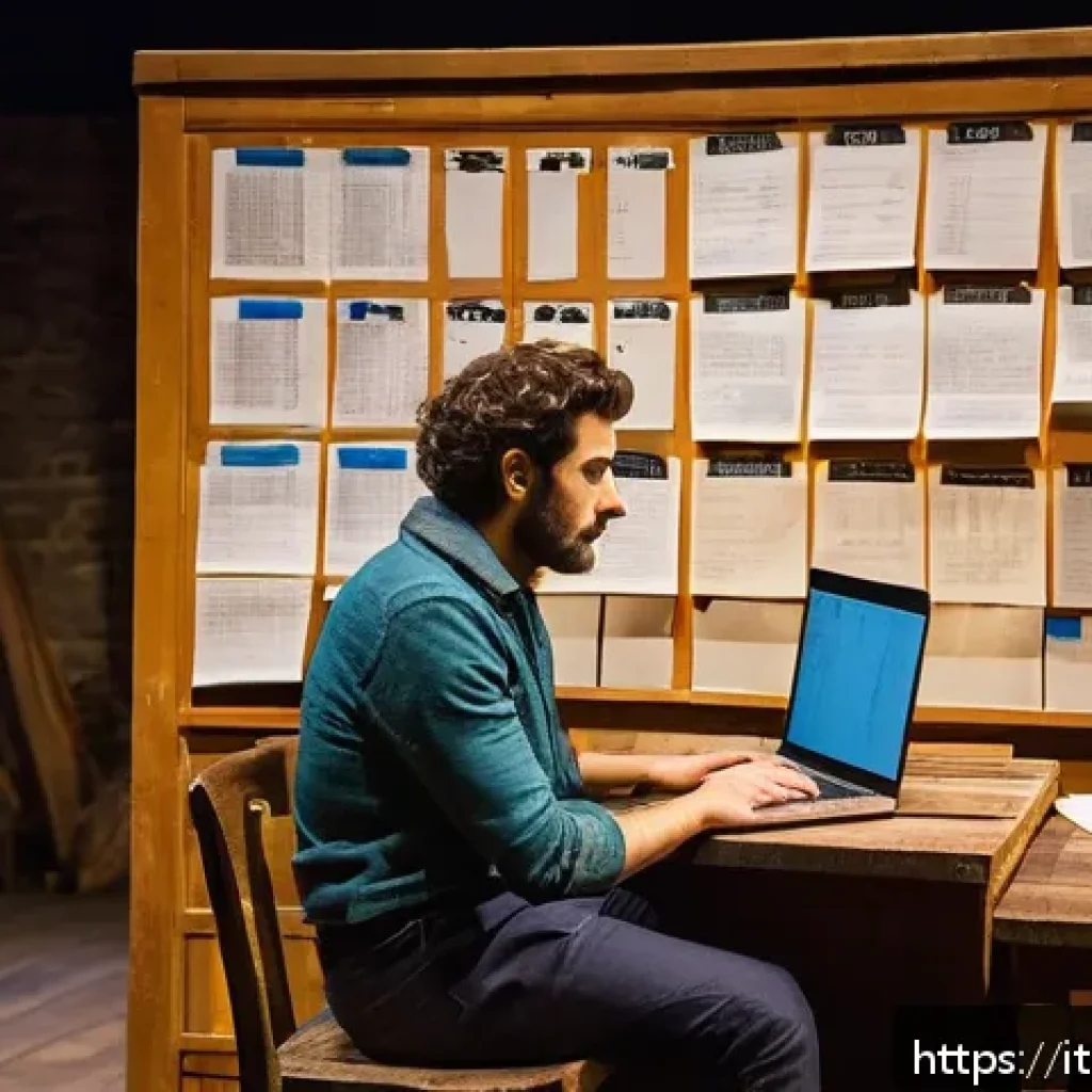 연극배우의 공연 스케줄 관리 - A professional Italian theater actor sitting at a rustic wooden desk surrounded by theatrical script...