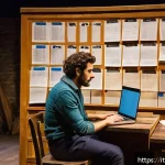 연극배우의 공연 스케줄 관리 - A professional Italian theater actor sitting at a rustic wooden desk surrounded by theatrical script...