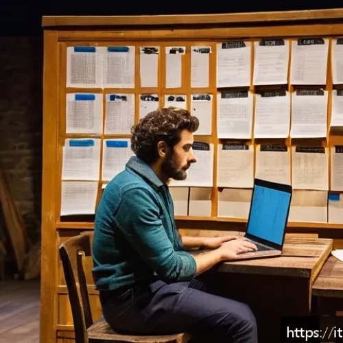 연극배우의 공연 스케줄 관리 - A professional Italian theater actor sitting at a rustic wooden desk surrounded by theatrical script...