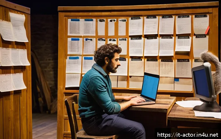 연극배우의 공연 스케줄 관리 - A professional Italian theater actor sitting at a rustic wooden desk surrounded by theatrical script...