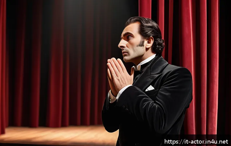 연극배우와 비언어적 표현 연습 - A professional Italian stage actor performing a silent theatrical scene on a classic theater stage, ...