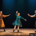 연극배우의 국제 교류 활동 - A vibrant European theater rehearsal scene showing a diverse group of actors from Italy and Nordic c...
