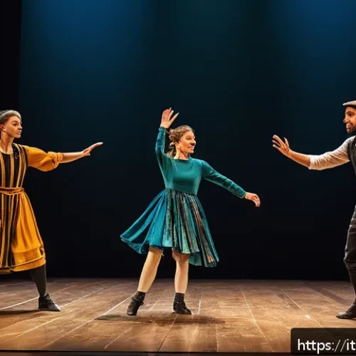 연극배우의 국제 교류 활동 - A vibrant European theater rehearsal scene showing a diverse group of actors from Italy and Nordic c...