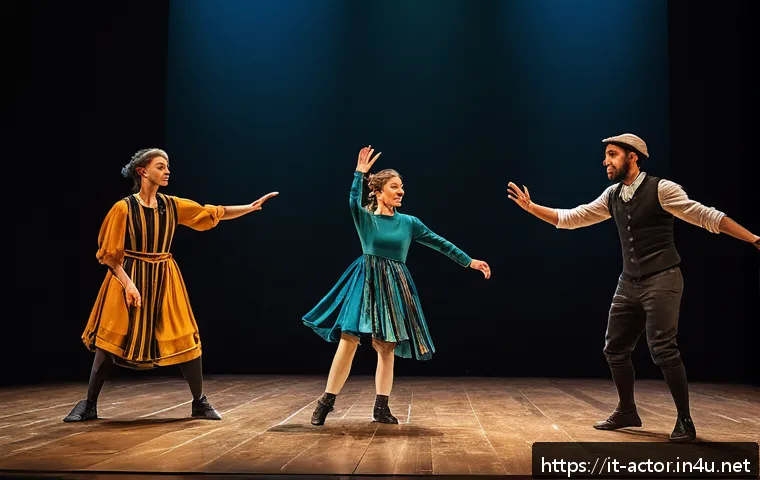연극배우의 국제 교류 활동 - A vibrant European theater rehearsal scene showing a diverse group of actors from Italy and Nordic c...