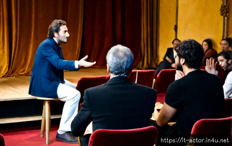 연극배우와 관객과의 소통 - Photorealistic intimate Italian theater scene, expressive stage actor in elegant contemporary costum...