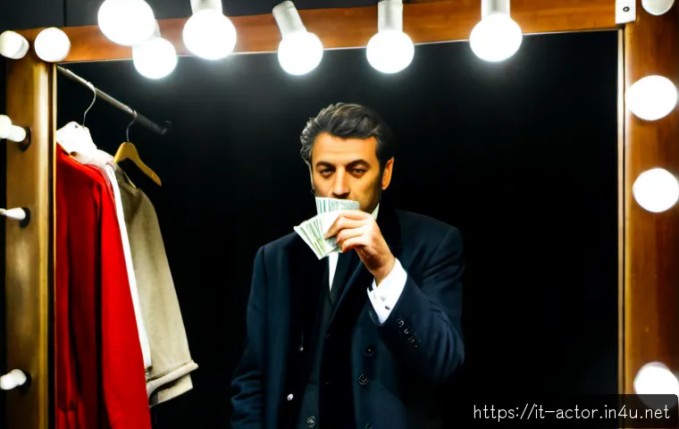Home 17 연극배우 연봉 수준 - Photorealistic Italian theatre actor in a modest backstage dressing room, reviewing a small stack of...
