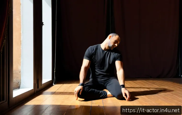 연극배우로서의 체력 관리 - Photorealistic Italian theatre actor in simple black rehearsal clothes performing a controlled stret...