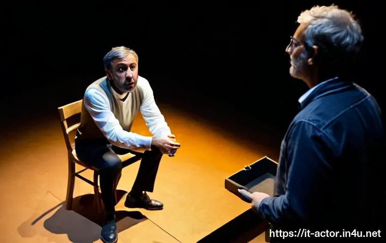 Home 15 연극배우의 무대 리액션 연습 - Photorealistic Italian theatre rehearsal, expressive adult stage actor practicing a surprised reacti...