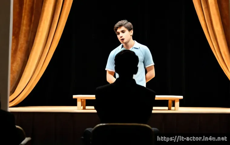 연극배우 자격시험 난이도 - Photorealistic Italian theatre academy audition scene, a focused young adult actor performing an emo...