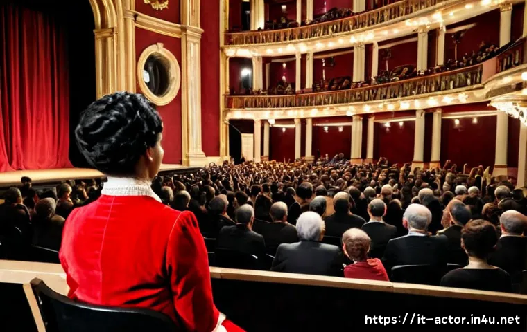 연극배우와 관객층 분석 - Photorealistic Italian theatre scene during an intermission, diverse adult audience members from you...